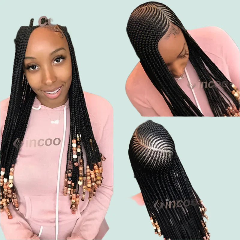 36" Cornrow Braided Wigs Synthetic Handmade Side Part Braided Wig Full Lace Frontal Braiding Wig Goddess Knotless Box Braids Wig