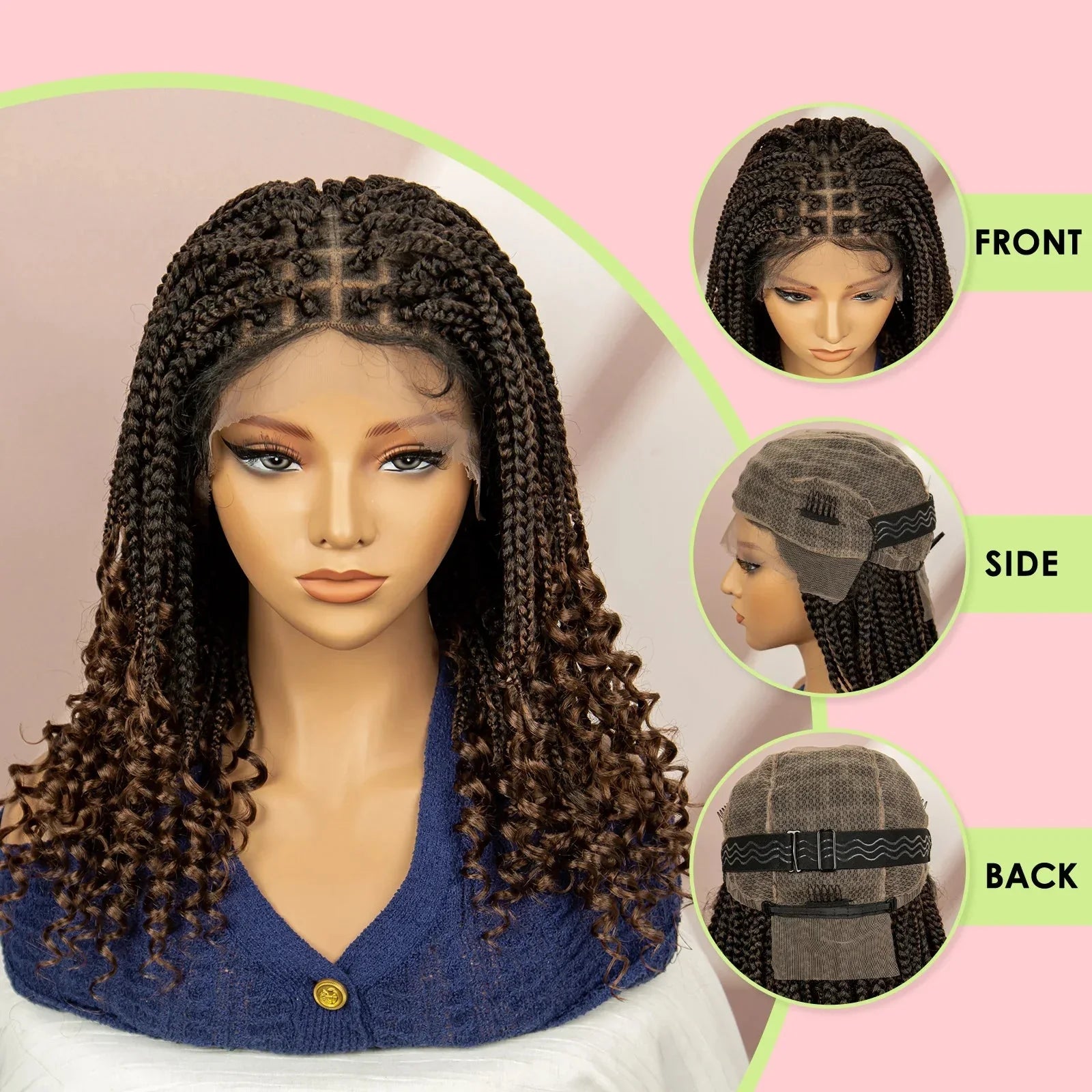 16" Short Brown Box Braided Full Lace Wig | Curly Ends | African Braids | Black Women