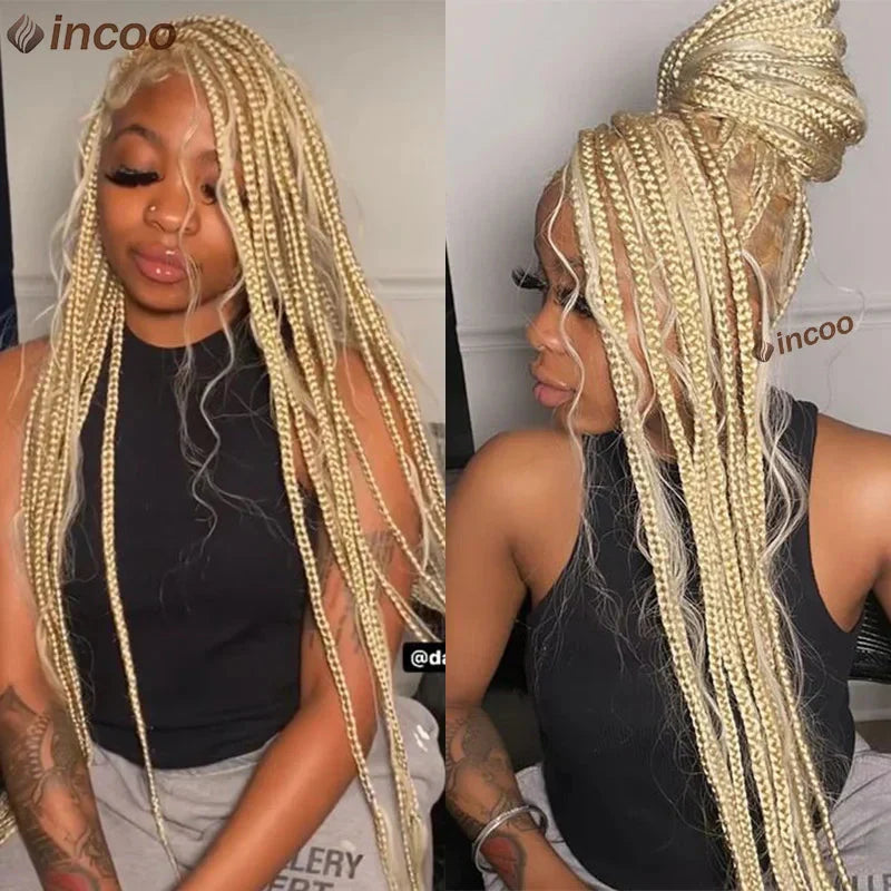 613 Blonde Boho Box Braids Wig | Curly Ends | Full Lace Front | Knotless Goddess Locs | Synthetic Braids