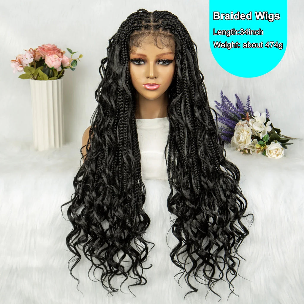 34" Full Lace Knotless Braided Wig with Baby Hair | Synthetic Lace Front Wig for Black Women | Long Braids