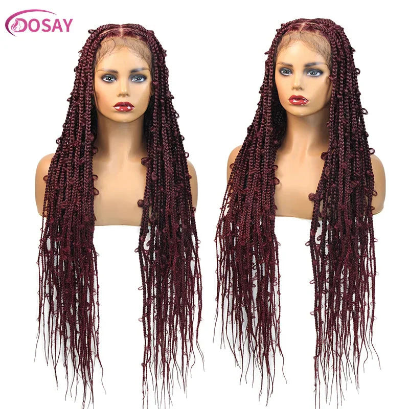 36" Butterfly Braided Full Lace Wig | Honey Blonde & Burgundy Goddess Locs | Synthetic Box Braids | Transparent Lace