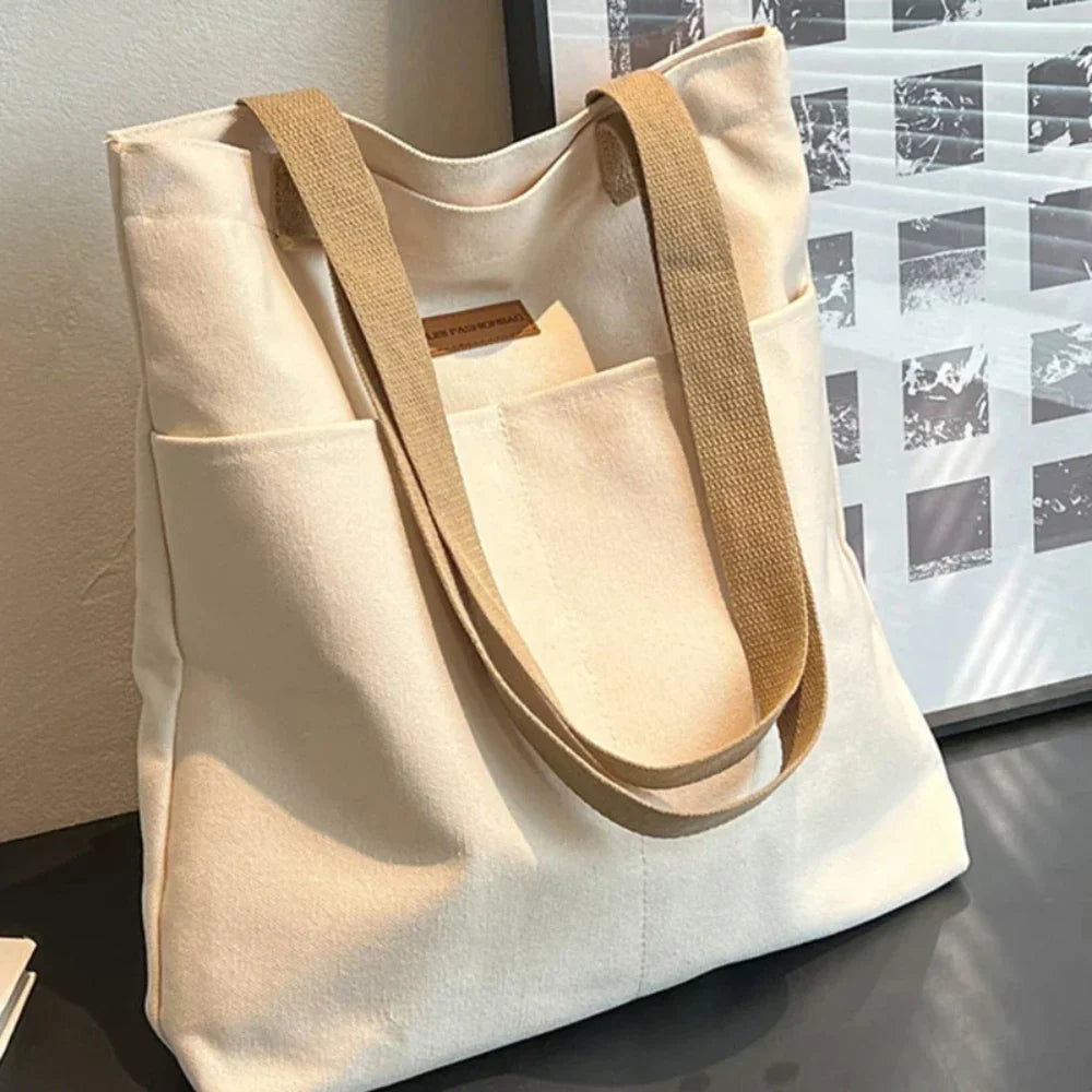 1Pc Women's Tote Bag Canvas Sewing Thread | Large Capacity Advanced Sense Handbag & Convenient Practical Female Commuter Bag