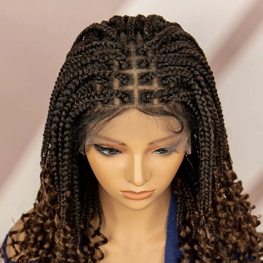 16" Short Brown Box Braided Full Lace Wig | Curly Ends | African Braids | Black Women