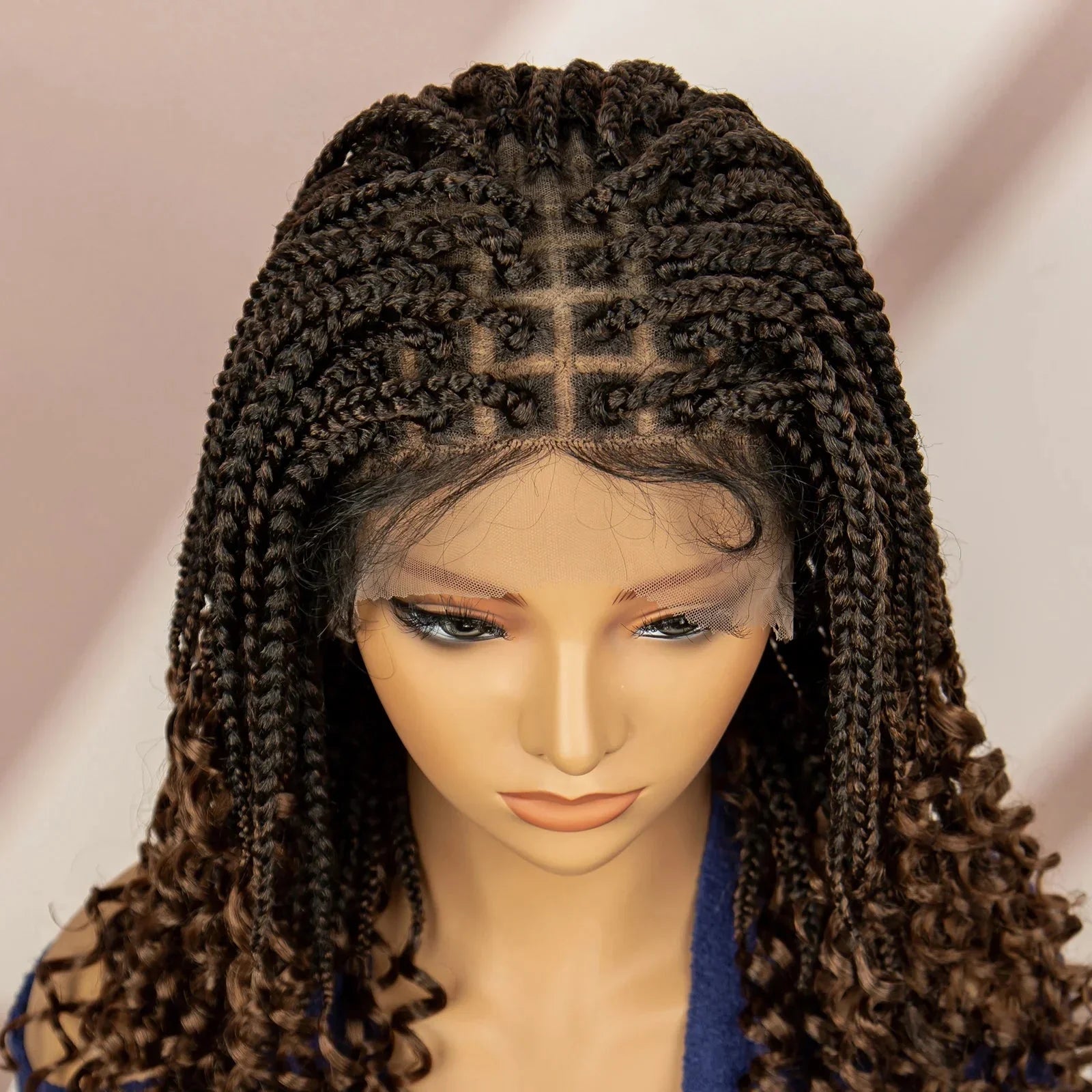 16" Short Brown Box Braided Full Lace Wig | Curly Ends | African Braids | Black Women