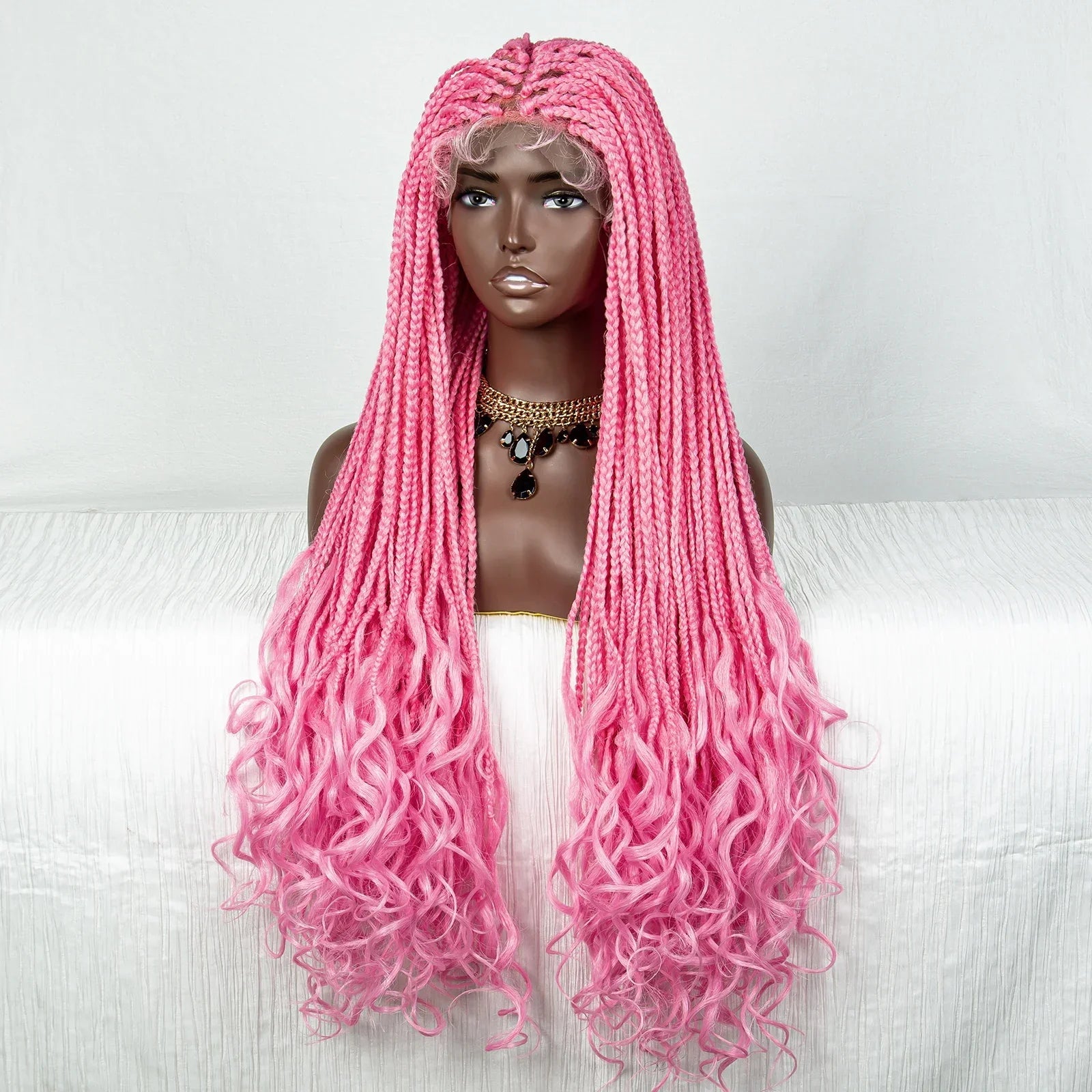 36" Pink & 613 Blonde Braided Wig | Water Wave Ends | Lace Front | Baby Hair