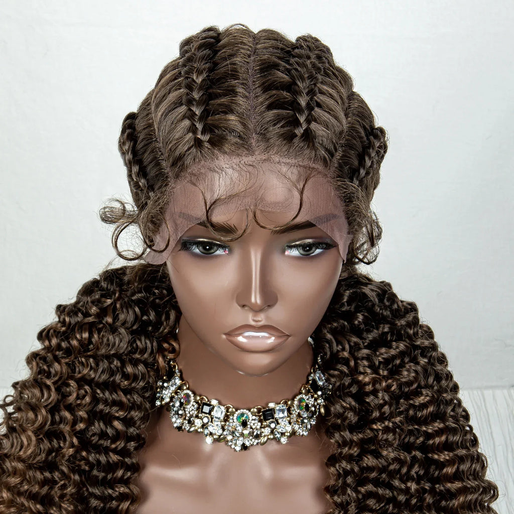 22" Box Braids Full Lace Wig | Two Curly Ponytails | Baby Hair | Synthetic Braided Wig