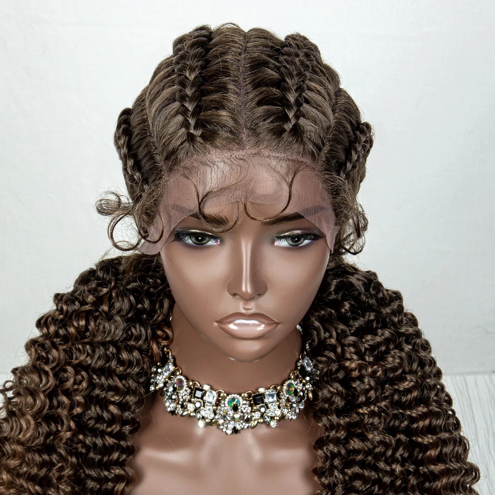 22" Box Braids Full Lace Wig | Two Curly Ponytails | Baby Hair | Synthetic Braided Wig