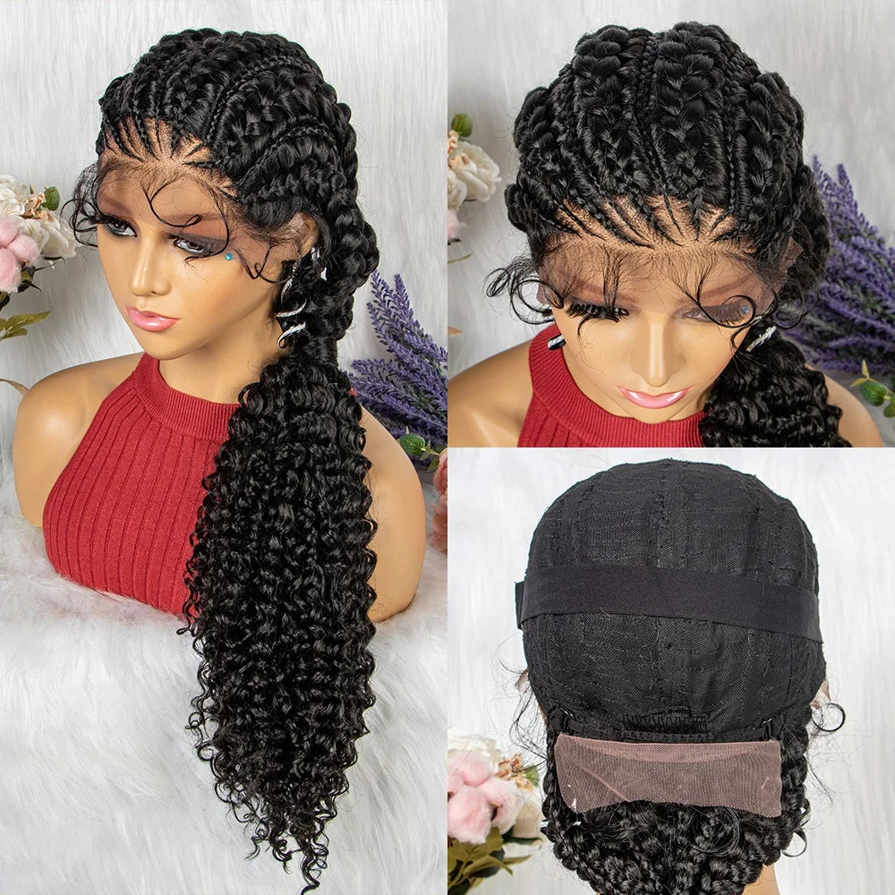 28" Burgundy Knotless Braids Wig with Curly Ends | Lace Front | Baby Hair