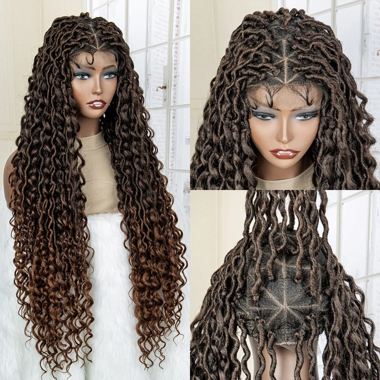 36" Knotless Dreadlock Braided Full Lace Wig | Curly Ends | Synthetic Locs Braids | Black Women