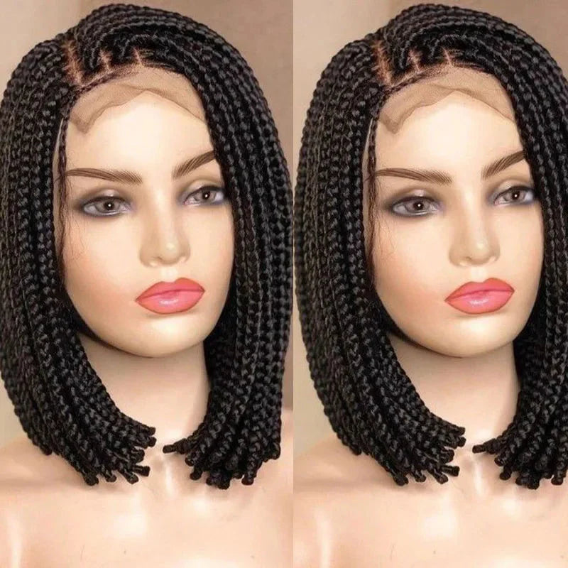 10" Short Bob Box Braided Wig | 360 Full Lace | Cornrow Accents | Synthetic Braids for Black Women