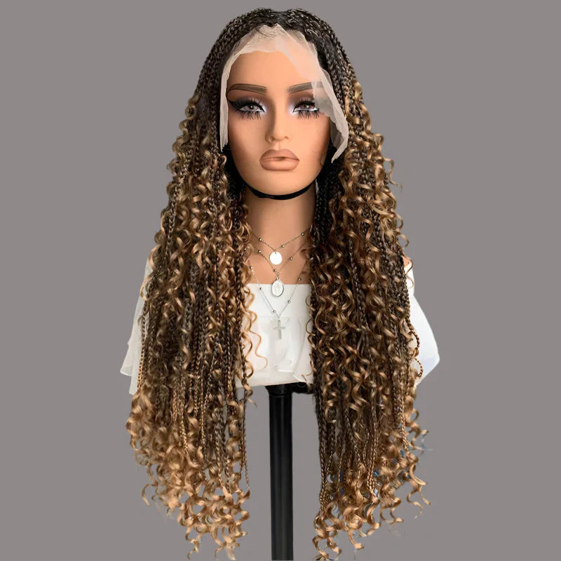 22" Curly End Box Braided Full Lace Front Wig | Goddess Locs | Bohemian Braids | Synthetic Wig