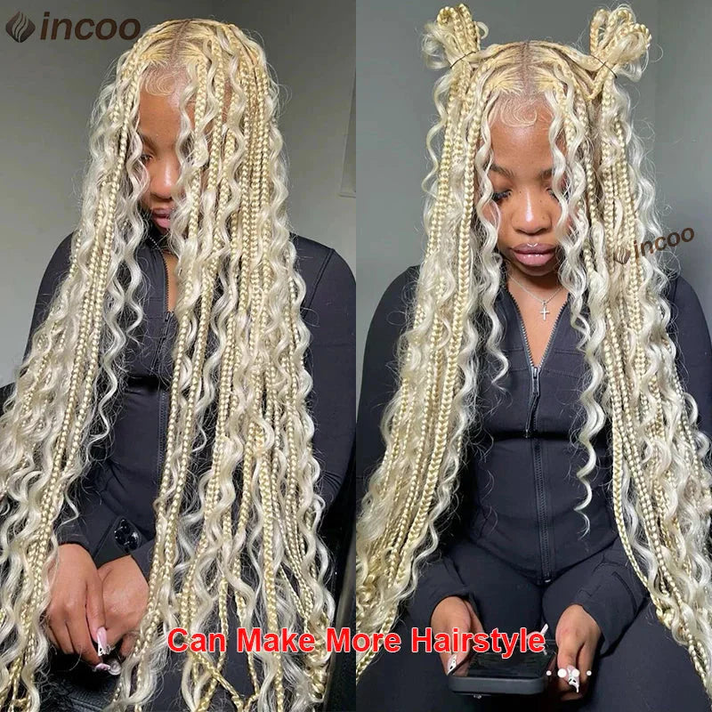 613 Blonde Boho Box Braids Wig | Curly Ends | Full Lace Front | Knotless Goddess Locs | Synthetic Braids