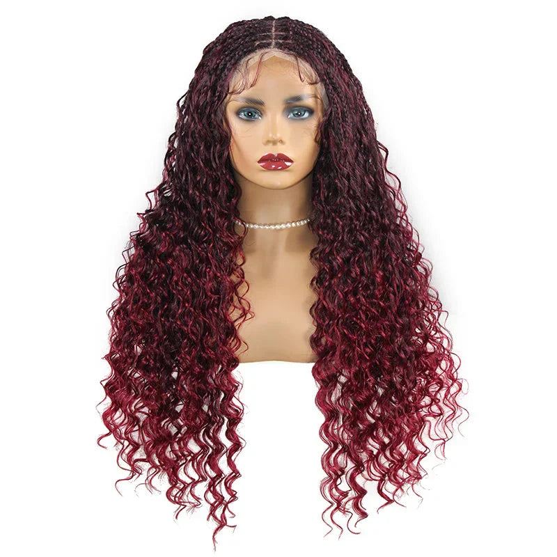 24" Boho Box Braids Lace Frontal Wig | Deep Wave Goddess Braids | Curly Ends | Black Full Lace Synthetic Wig