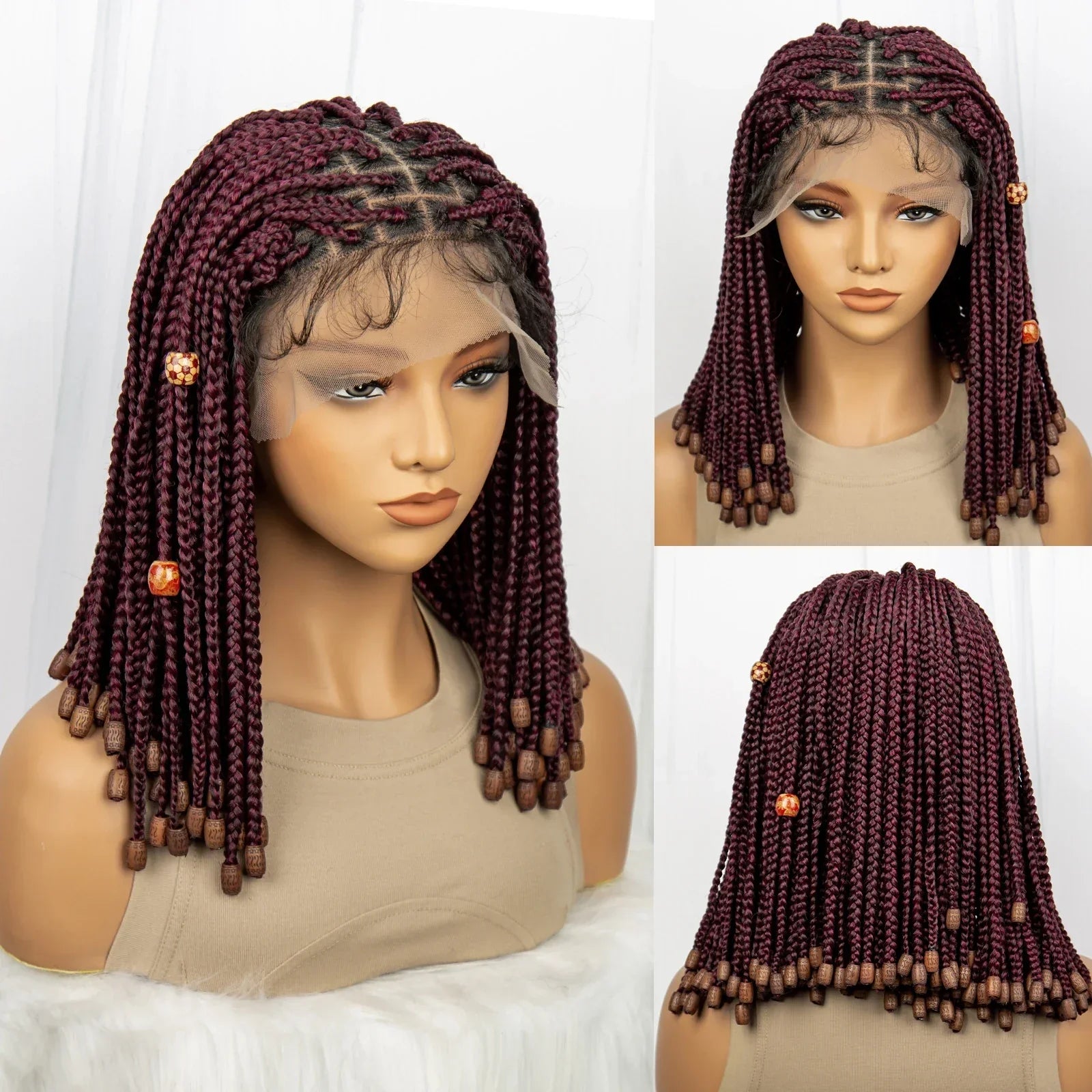 14" Short Bob Box Braided Wig with Beads | Knotless Braids | Synthetic Lace Front Wig | Baby Hair