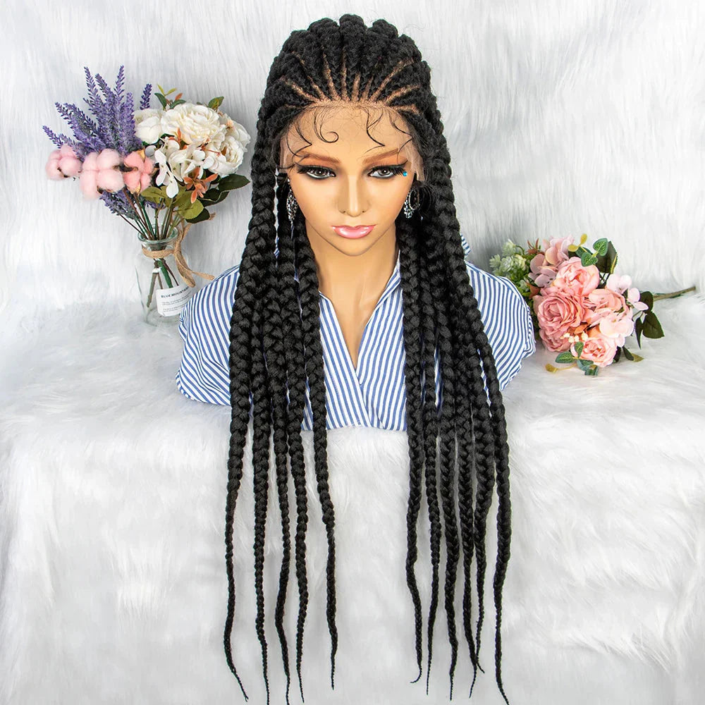36" Box Braids Full Lace Wig | Baby Hair | Heat Resistant Synthetic Braids | Black Women