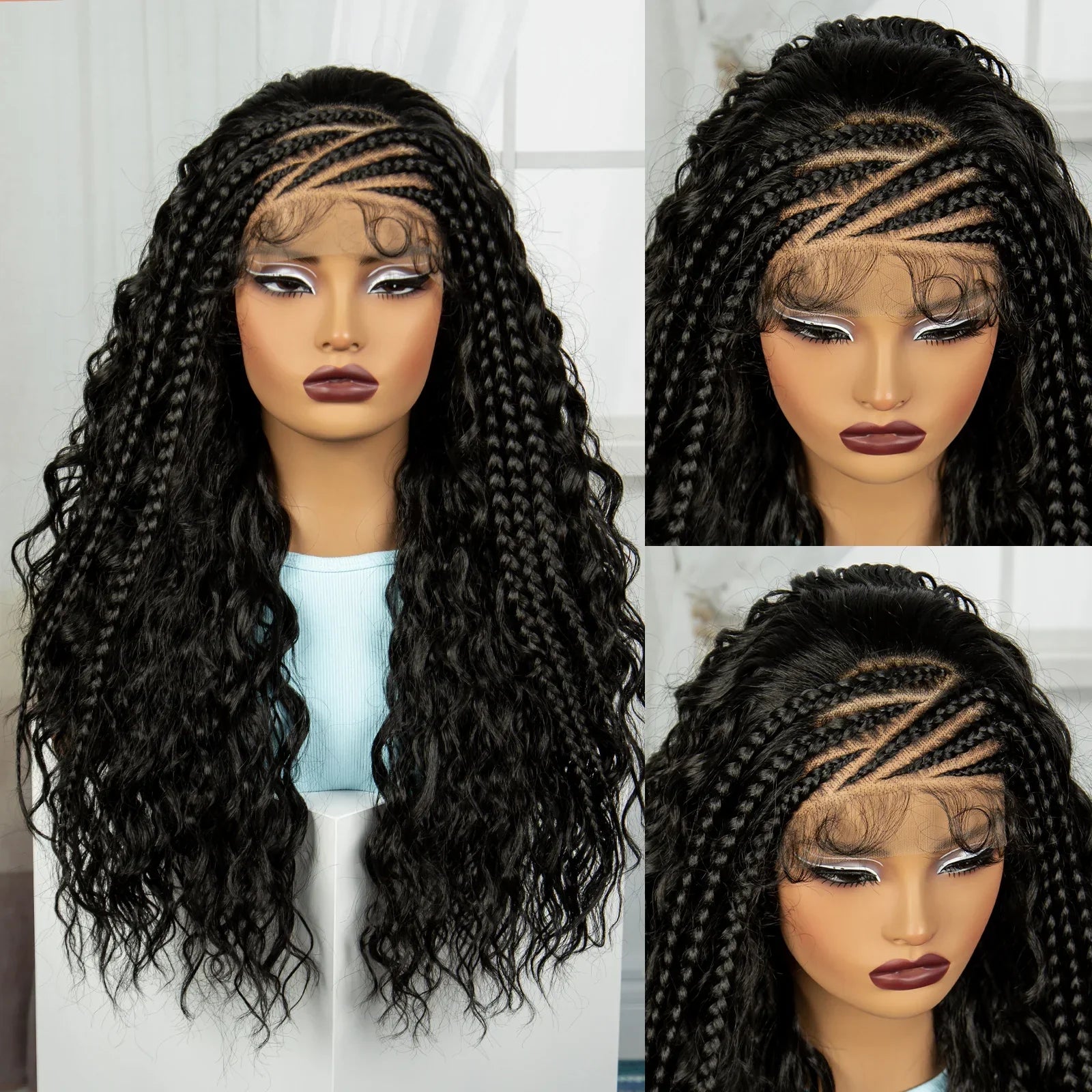 26" Water Wave Knotless Box Braided Wig with Baby Hair | Synthetic Lace Braided Wig for Black Women | 4-30 Ombre