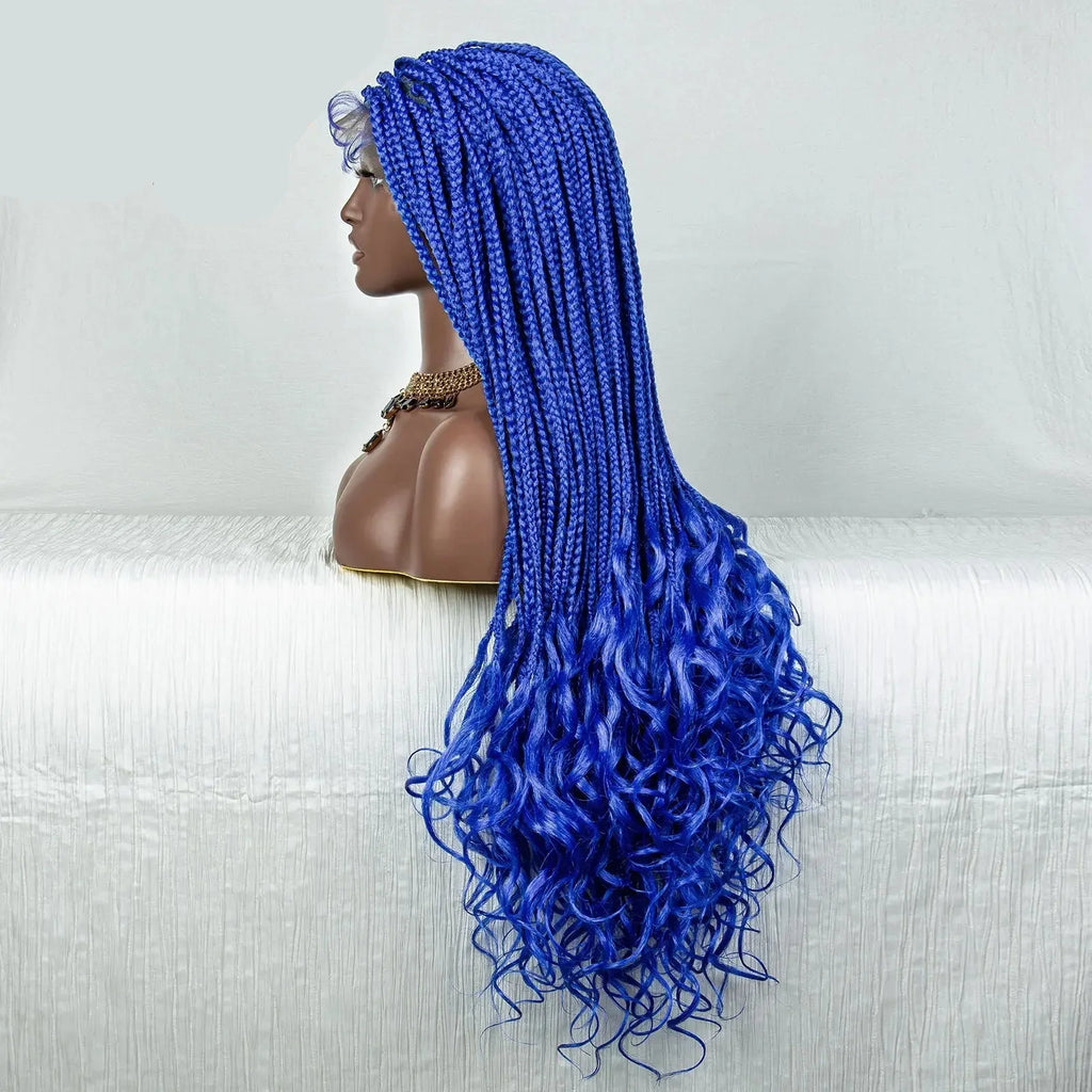 36" Blue Knotless Box Braids Lace Front Wig | Baby Hair | Crochet Braids | Black Women