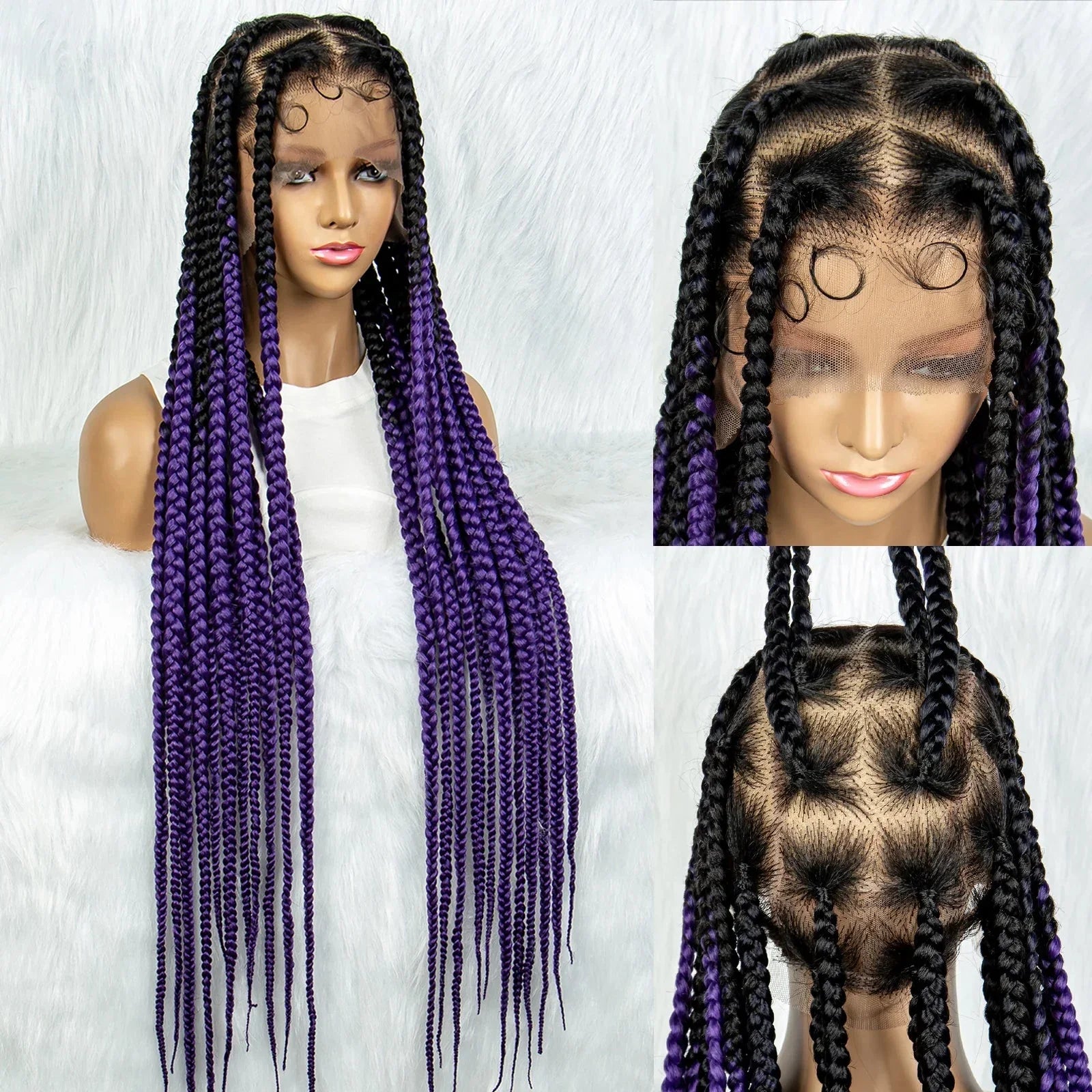 36" Purple Knotless Box Braids Wig | Transparent Full Lace | Baby Hair | Synthetic