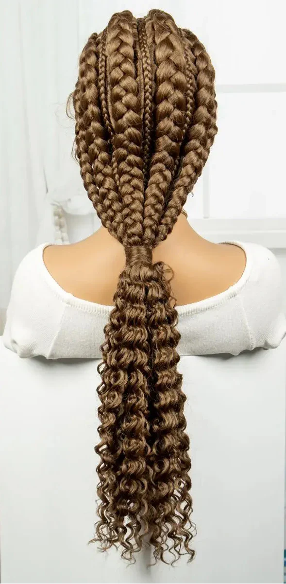 28" Burgundy Knotless Braids Wig with Curly Ends | Lace Front | Baby Hair