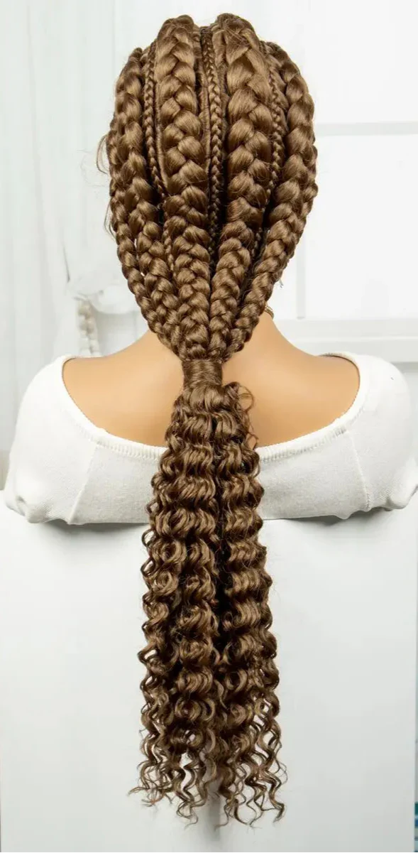 28" Knotless Cornrow Braids Wig with Curly Ends | Transparent Lace Front | Baby Hair