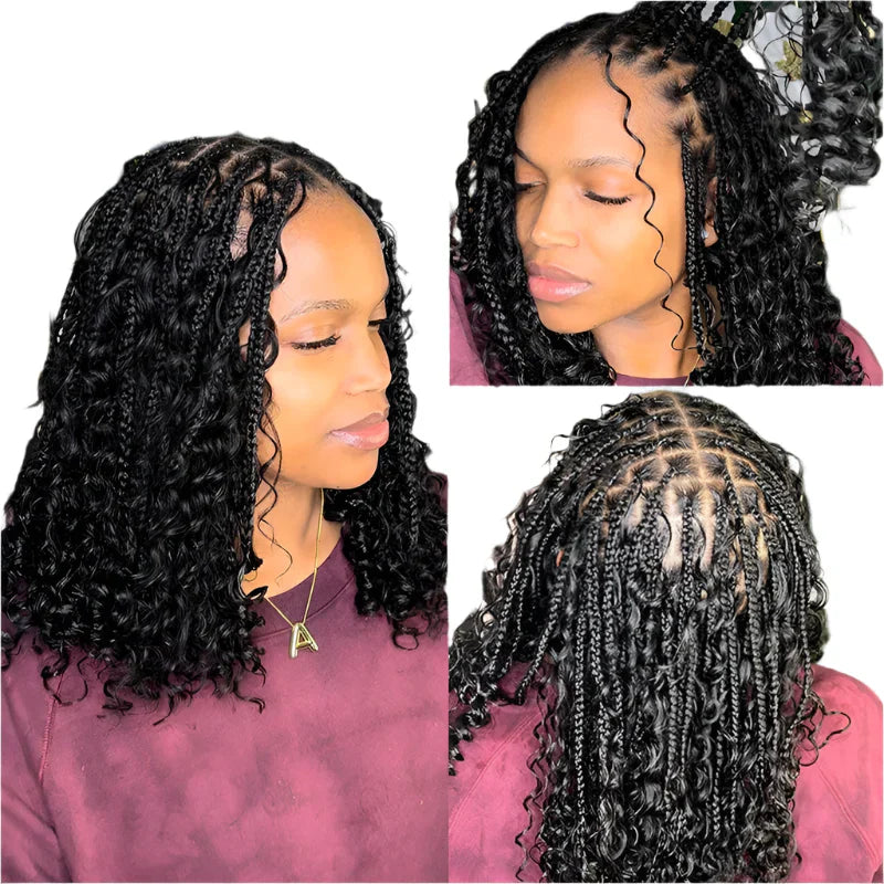 12" Short Bob Boho Braided Wig | 360 Full Lace Front | Goddess Box Braids & Curly Hair | Knotless Cornrow Wig