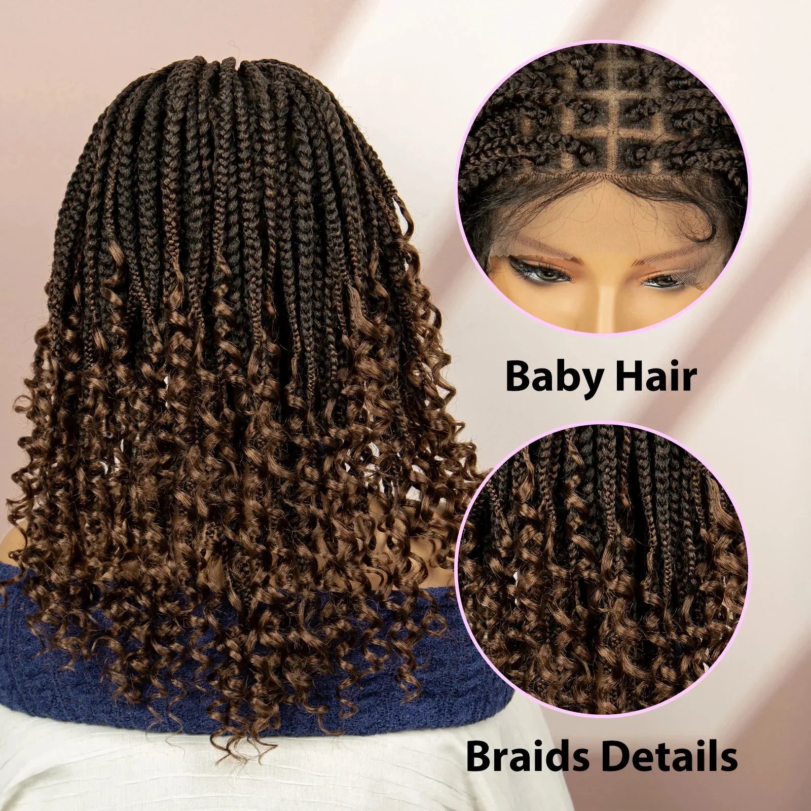 16" Short Brown Box Braided Full Lace Wig | Curly Ends | African Braids | Black Women