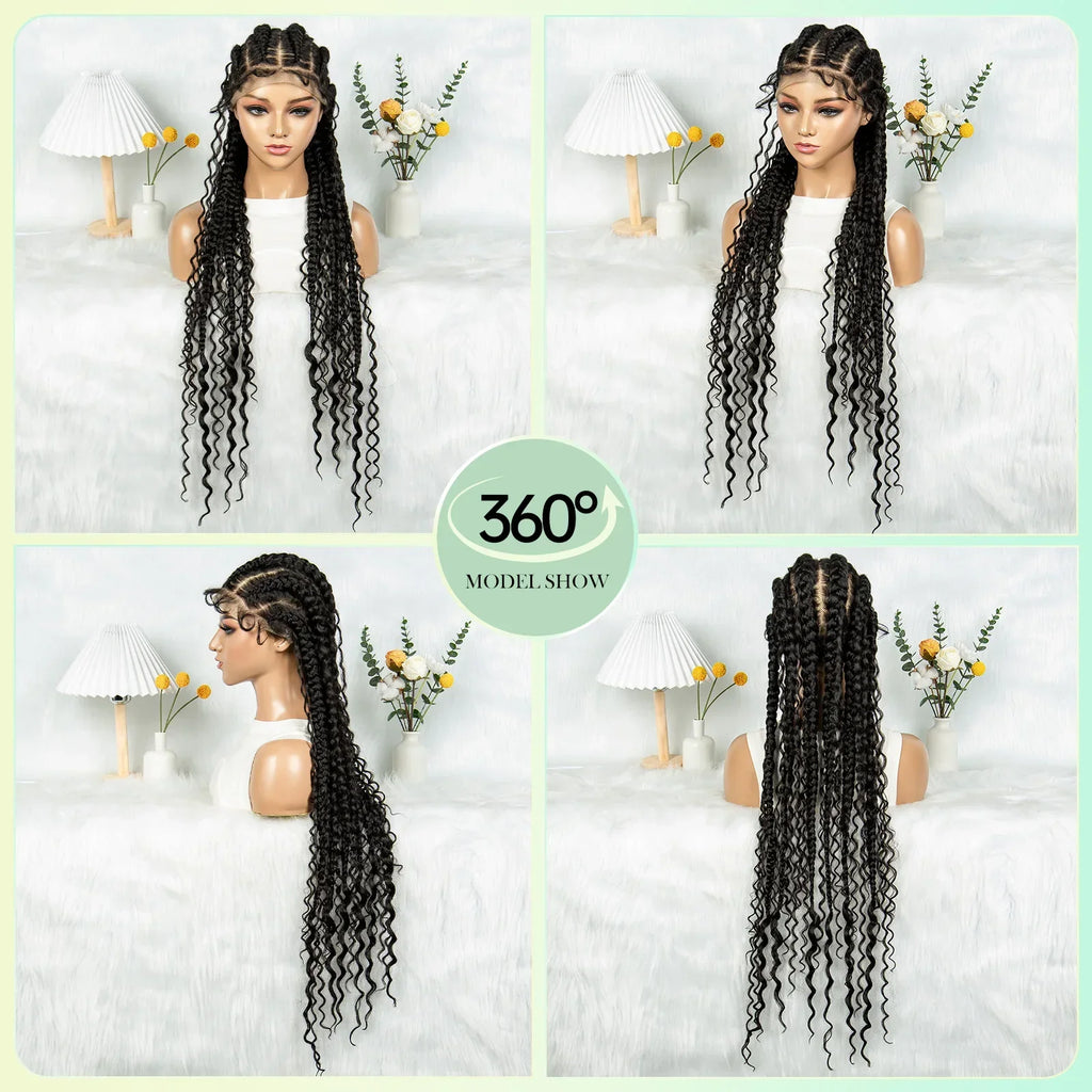 32" Ghana Cornrow Boho Braids Wig | Full Lace Knotless with Curly Inset