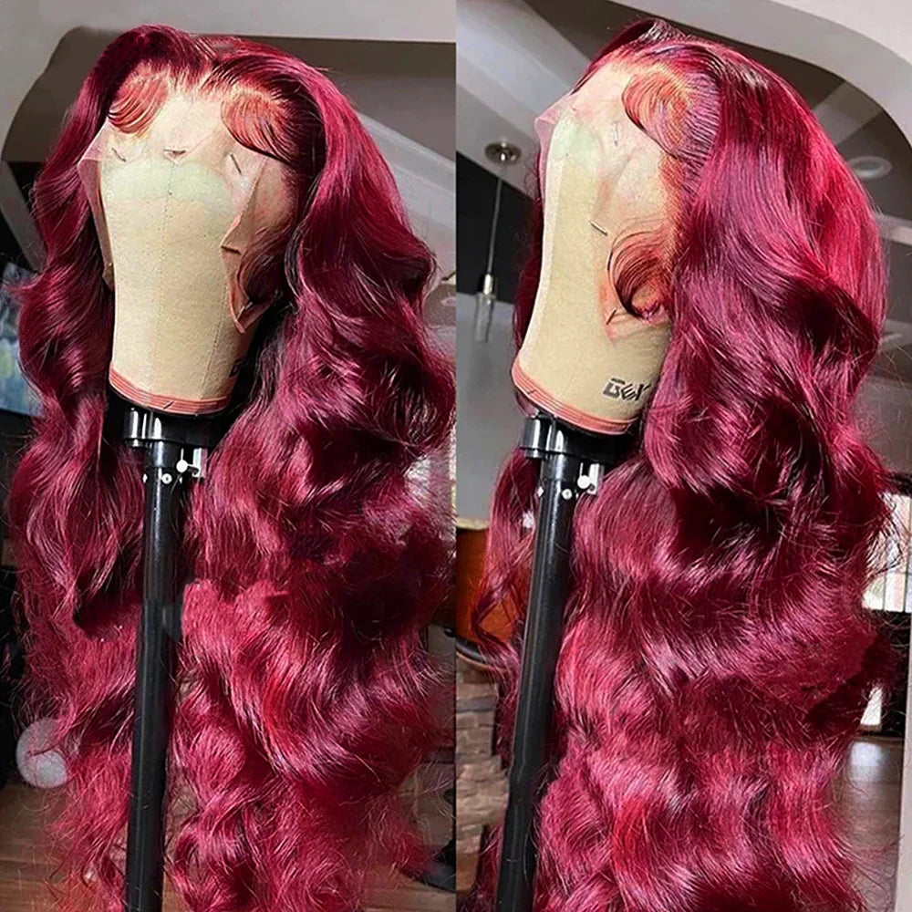 99J Burgundy Body Wave Lace Front Wig | HD Transparent Lace | 200% Density | 30-34 Inch Brazilian Hair