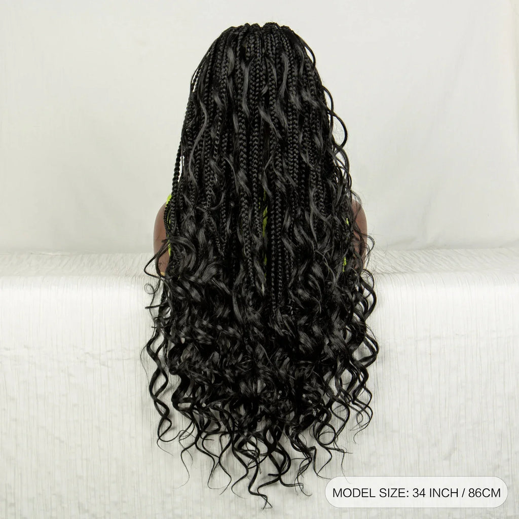 34" Natural Curly Knotless Box Braids Wig | Deep Wave Accents | Full Lace | Baby Hair