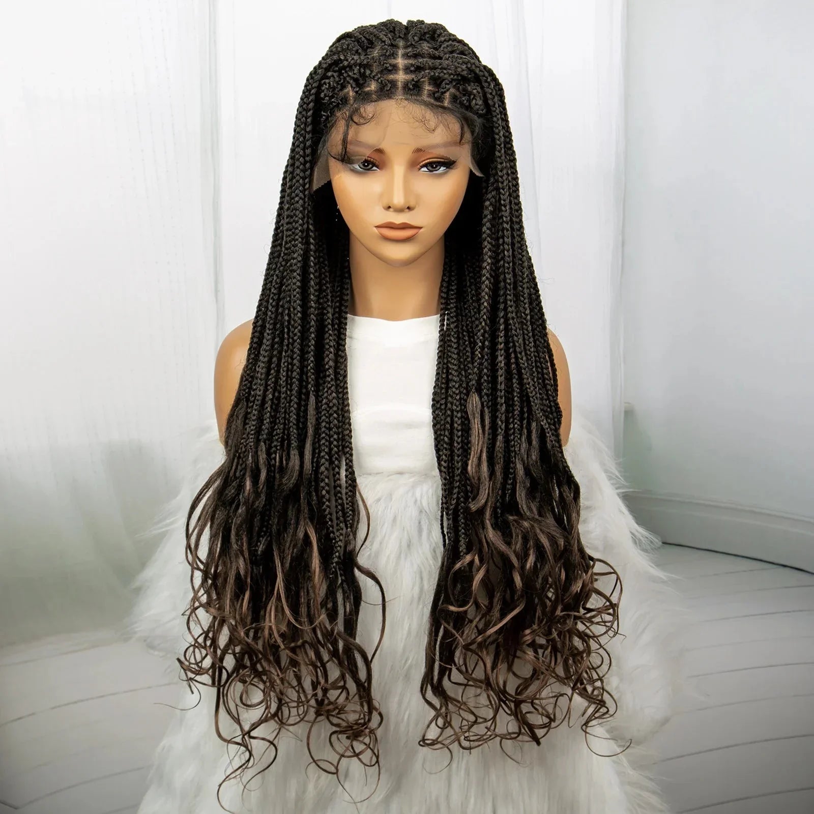 36 Inch Synthetic Braided Wigs Knotless Boho Braided Lace Wigs with Curly Ends Lace Front Braiding Hair Wig for Black Women