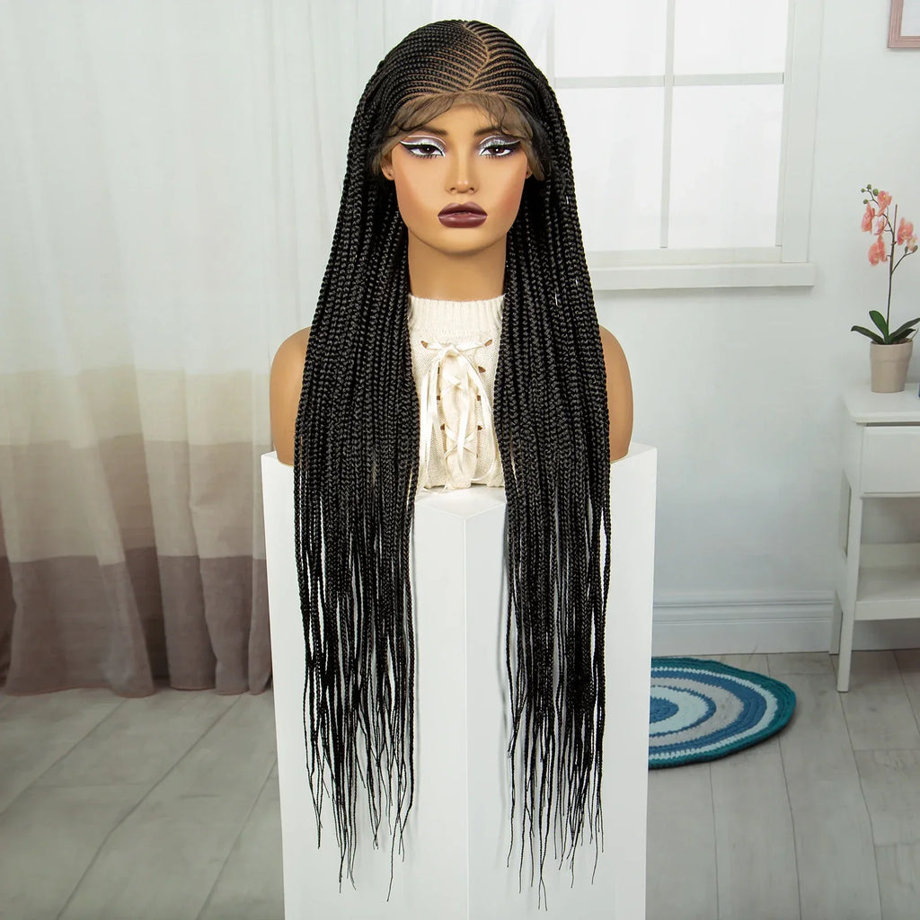 36 Inch Full Lace Braided Wig - Handmade Cornrow Braids with Baby Hair - Synthetic Lace Front Braided Wig for Black Women