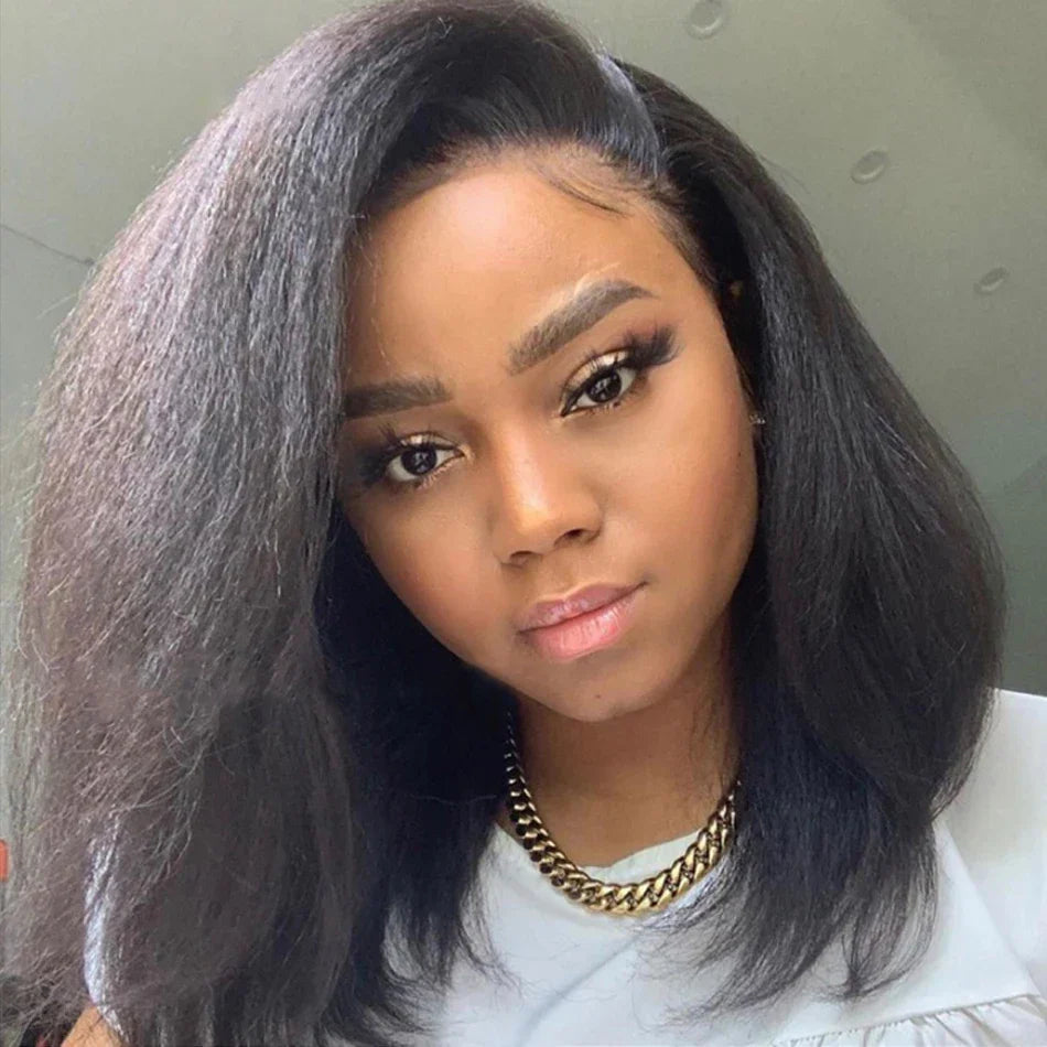 13x4 Glueless Kinky Straight Bob Wig | Ready-to-Wear | Brazilian Remy Hair | HD Transparent Lace