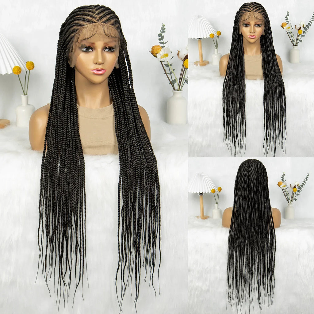 36" Cornrow Braided Full Lace Wig | Knotless Box Braids | Baby Hair | Synthetic Braiding Wig for Black Women