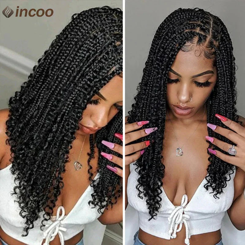 12" Boho Box Braid Lace Front Wig | Knotless | Curly Ends | Pre-Plucked | Synthetic Summer Wig