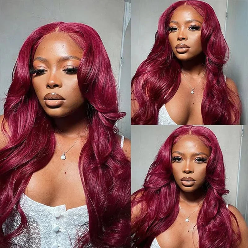 99J Burgundy Body Wave Lace Front Wig | HD Transparent Lace | 200% Density | 30-34 Inch Brazilian Hair