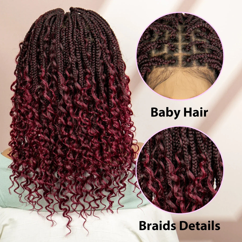 99J Burgundy Knotless Box Braids Wig with Curly Ends | Full Lace