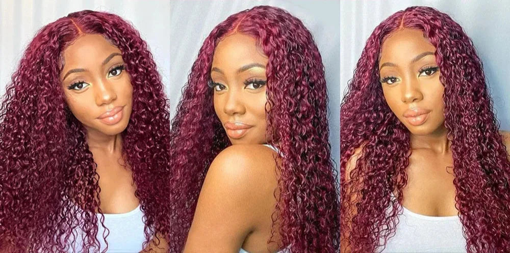30" Curly Burgundy & Chocolate Brown 13x6 HD Lace Frontal Wig | 99J Colored Human Hair Wig for Women | Deep Wave