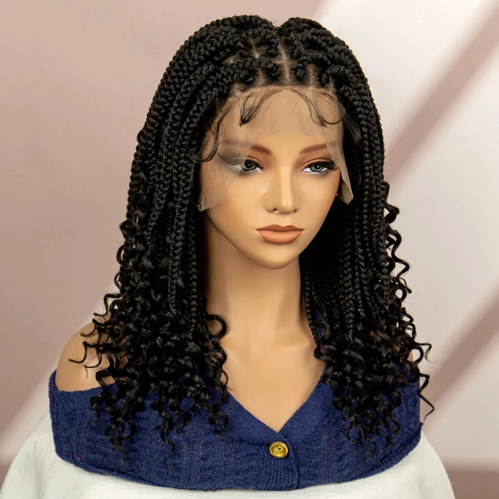 16" Short Brown Box Braided Full Lace Wig | Curly Ends | African Braids | Black Women