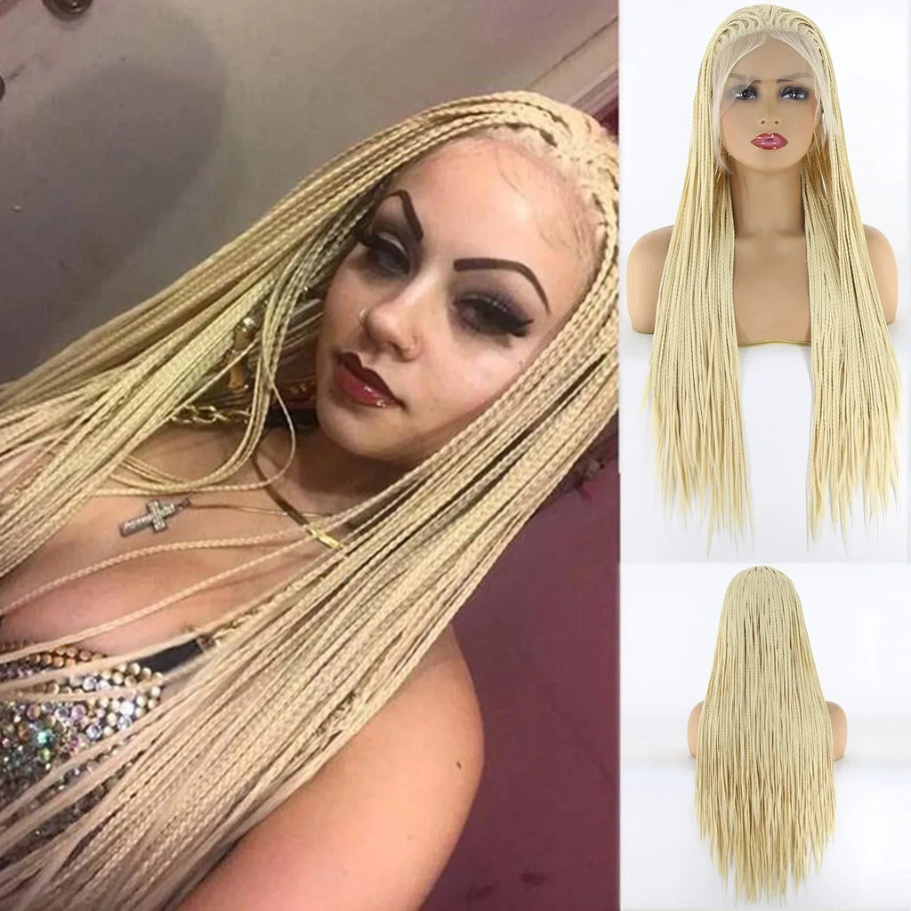 613 Blonde Box Braids Wig | Long Synthetic Lace Front | Heat Resistant | Black Women