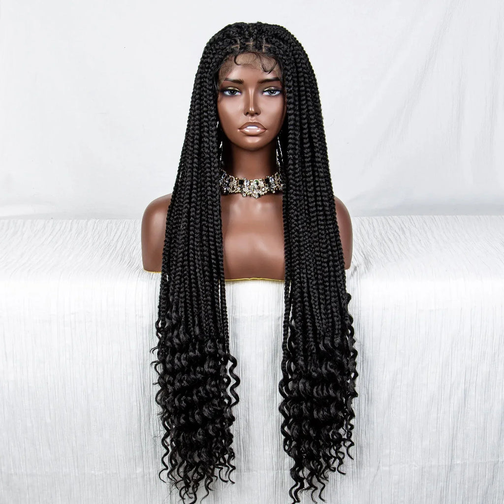 36" Curly End Box Braided Full Lace Wig | Straight Cornrows | Kanekalon Synthetic Braids