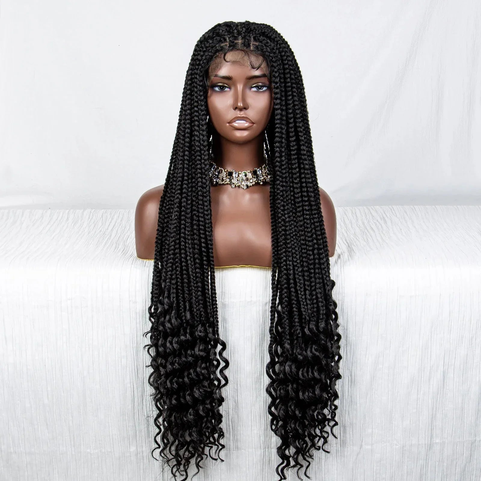 36" Curly End Box Braided Full Lace Wig | Straight Cornrows | Kanekalon Synthetic Braids
