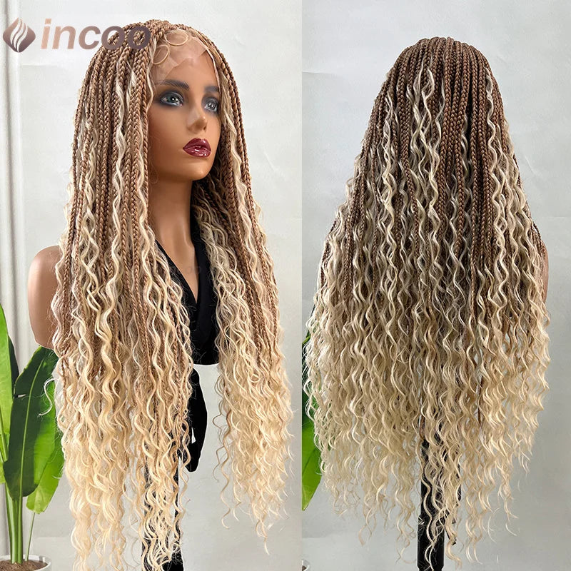 32" Bohemian Braided Wig | 613 Blonde Full Lace Box Braids | Knotless Braids with Baby Hair