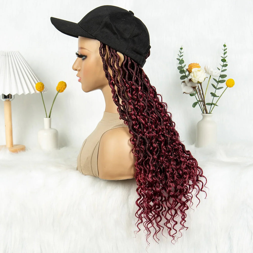 20" Burgundy Boho Locs Baseball Cap Wig | Adjustable Hat Wig | Synthetic Braids | Black Women