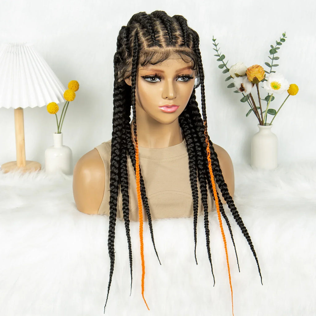 24" Full Lace Cornrow Braided Wig | Orange Boho Braids | Synthetic Lace Wig | Black Women
