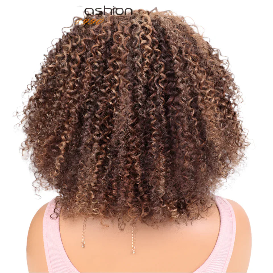 250% Density Blonde Highlight Sassy Curly Wig with Bangs | Glueless Brazilian Afro Kinky Remy Human Hair