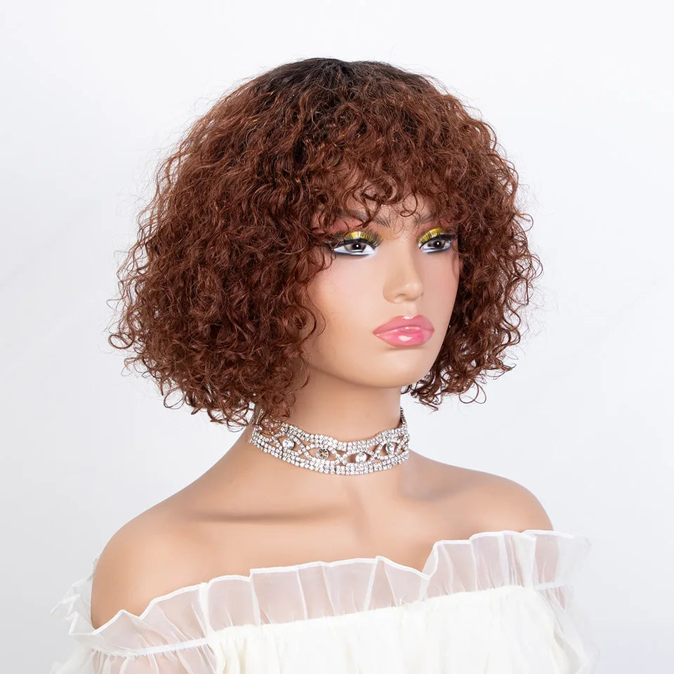 150% Density Ombre Honey Blonde Curly Bob Wig | Glueless Human Hair with Bangs