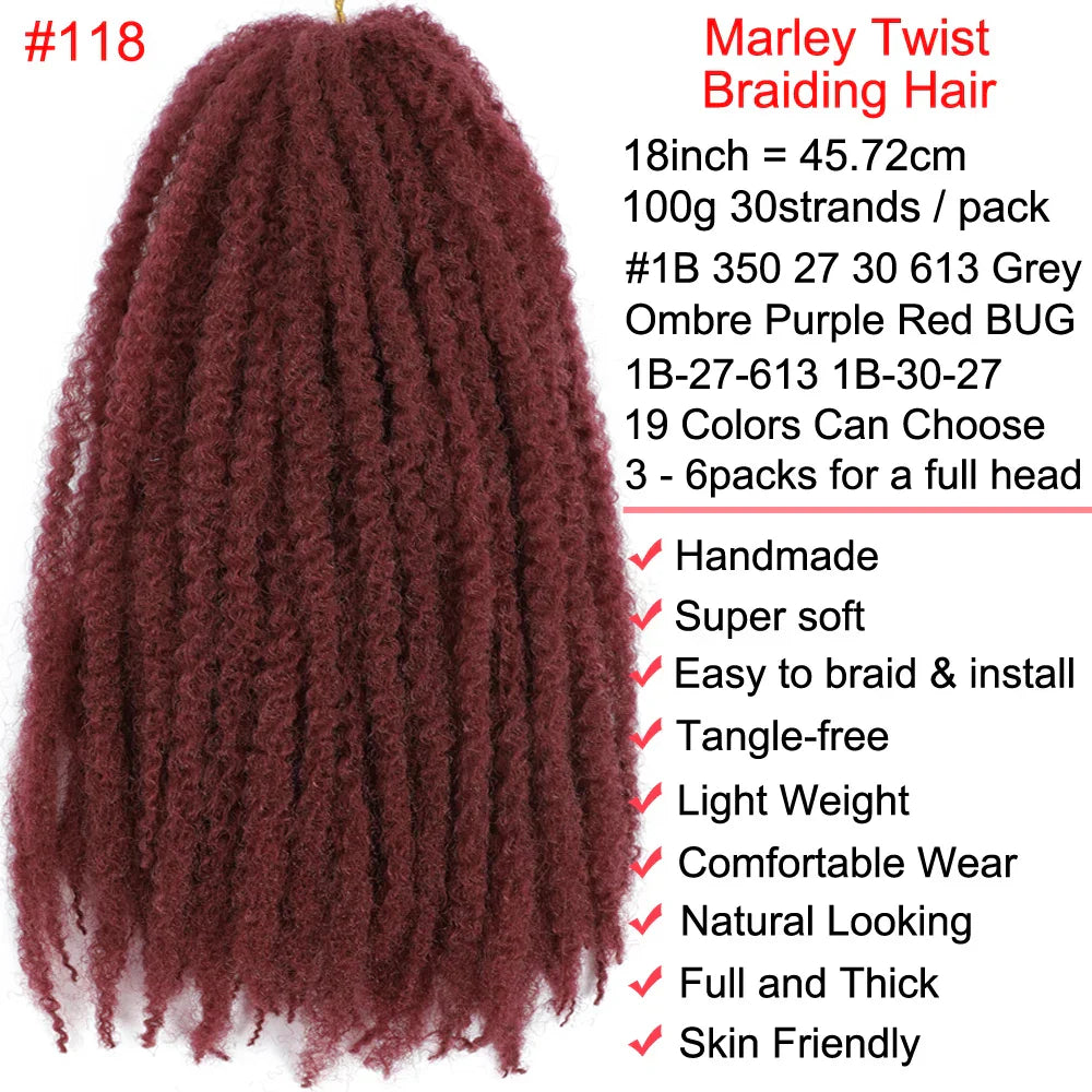 18" Marley Twist Braiding Hair | Crochet Braids | Afro Twist Kinky Hair Extensions | Ombre Colors | 30 Strands/Pack