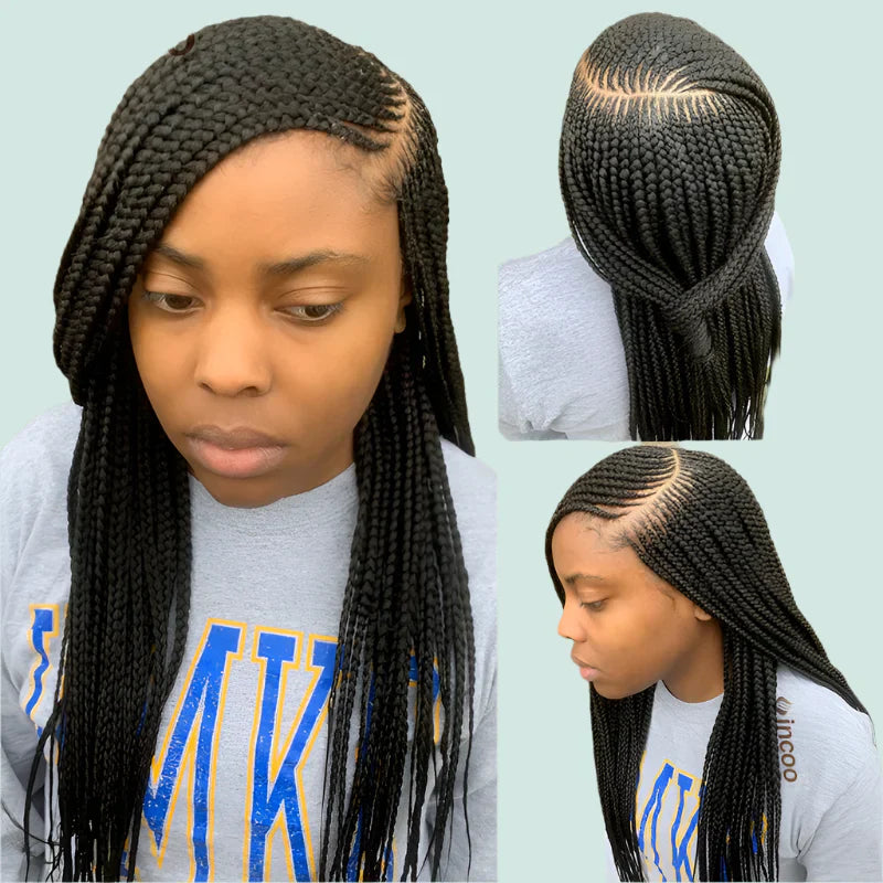 36" Long Side Part Braided Wig | Faux Locs, Box Braids & Cornrows | Full Lace Front | Synthetic Hair | Black Women