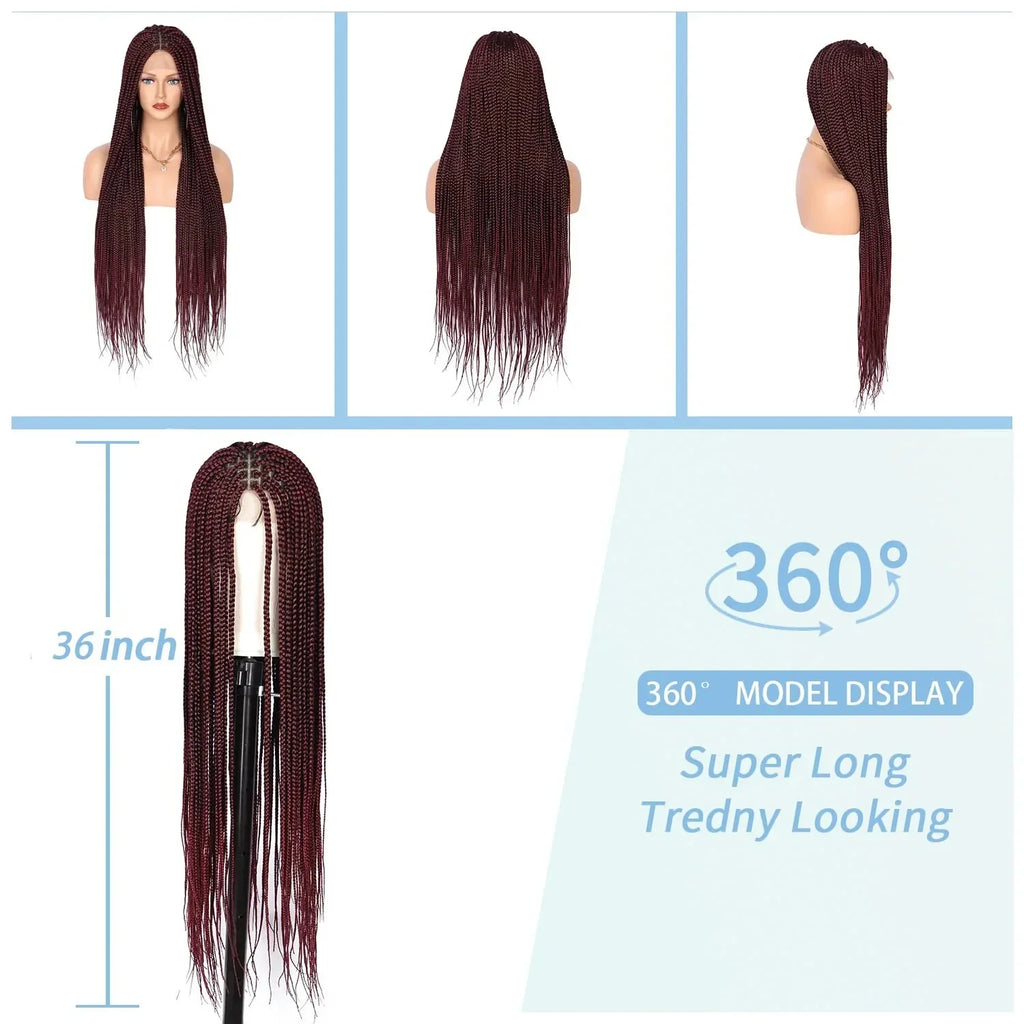 36" Ombre Burgundy Knotless Box Braid Wig | Full Double Lace Frontal | Baby Hair | Kanekalon Synthetic Wig for Women