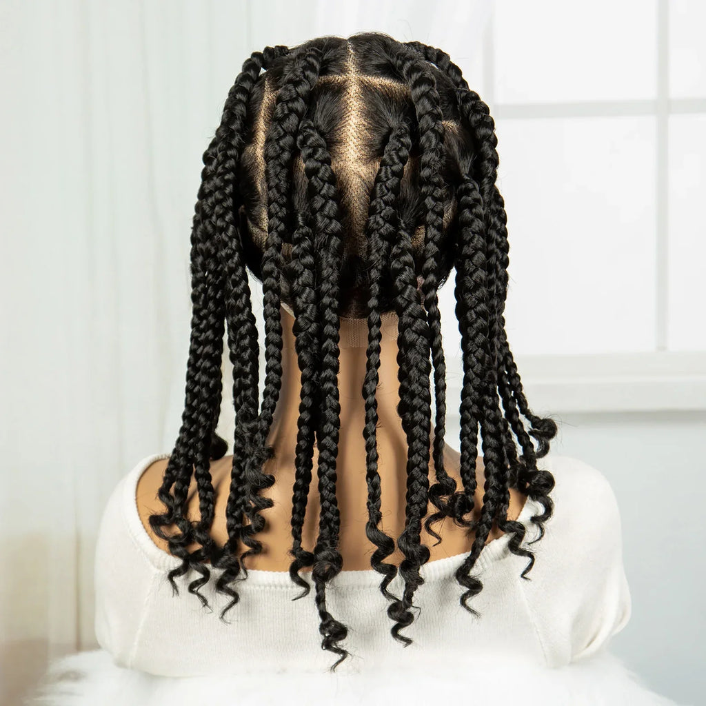 14" Short Braided Wig with Curly Ends | Knotless Box Braids | Full Lace Synthetic Wig for Black Women | Transparent Lace
